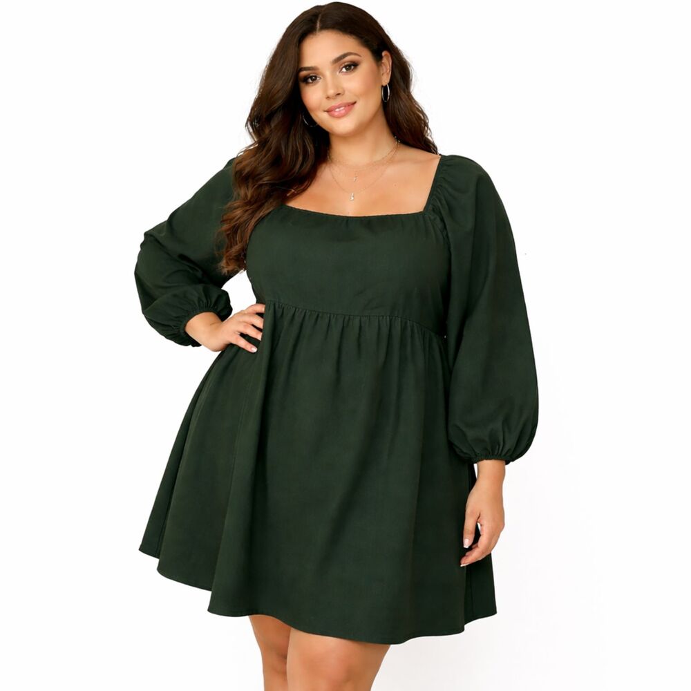 Exlura Green Square Neck Puff Sleeve Babydoll Dress Women’s XXL